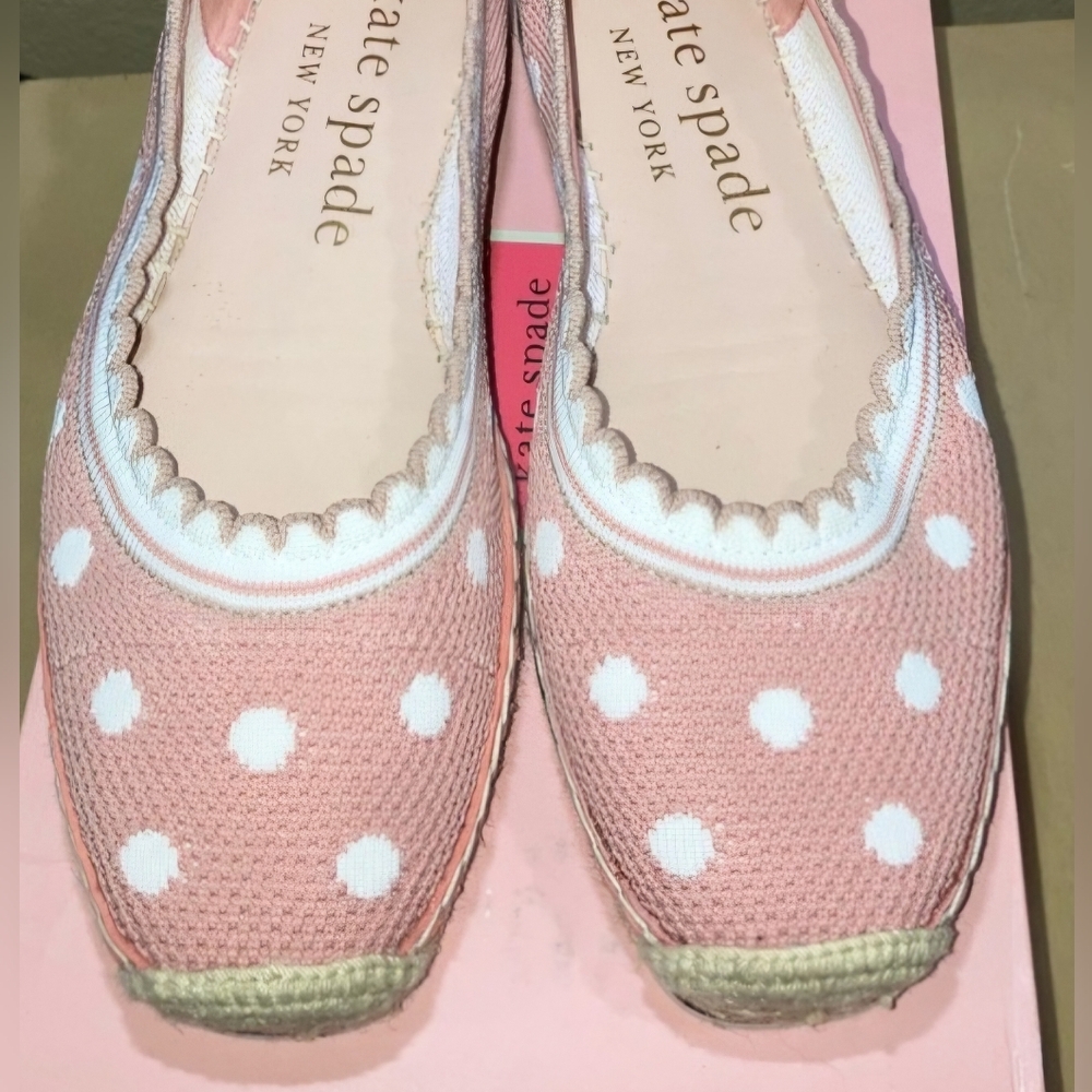 kate spade Pink and White Polka Dot Espadrille Flats with Ribbon Heel